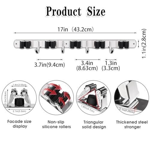 AceMining Wall Mount Broom Holder with 5 Racks & 4 Hooks - Silver Heavy Duty Mop Organizer