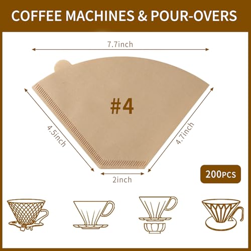 PADELE Natural Coffee Filters #4 Cone 200 Count for 8-12 Cup Drip Coffee