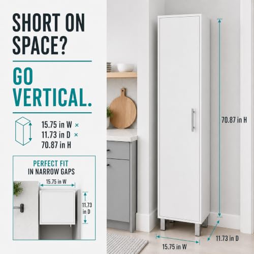 FUCIHOMA White Tall Slim Storage Cabinet with 3 Broom Hangers, 5 Shelves, Modern Melamine Finish
