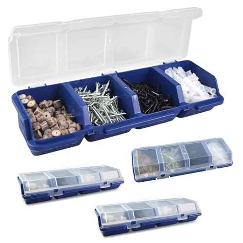 Screw Organizer Storage Bins, 4 Pack Stackable Bins with Lids, Divider Compartment Containers for Garage / Craft Tool Organizing, Tool Cart Cabinet Workbench Drawers Organization and Storage (Blue)