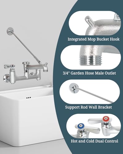 Phivan Commercial Mop Sink Faucet with Vacuum Breaker, Wall Mount, 8-Inch Adjustable Center, Lever Handle, Chrome Finish