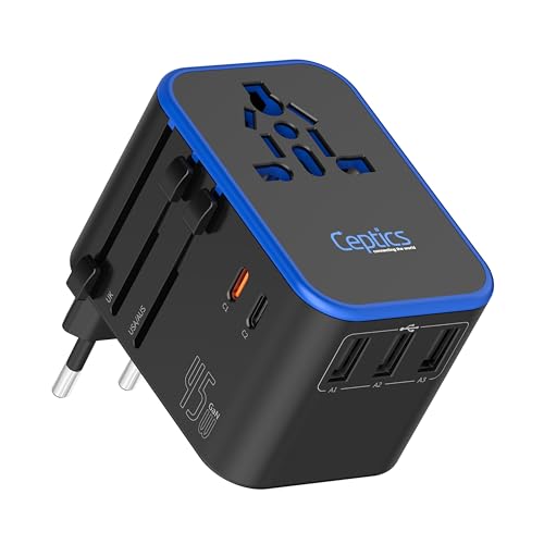 Ceptics 45W Universal Travel Adapter with 3 USB-A, 2 USB-C Ports - Black