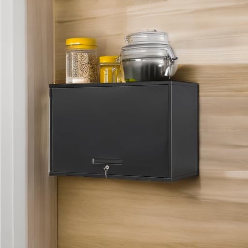 Yizosh Black Garage Wall Cabinet with Sliding Up-Flip Door - 32W x 21.6H x 16D, Heavy-Duty Steel