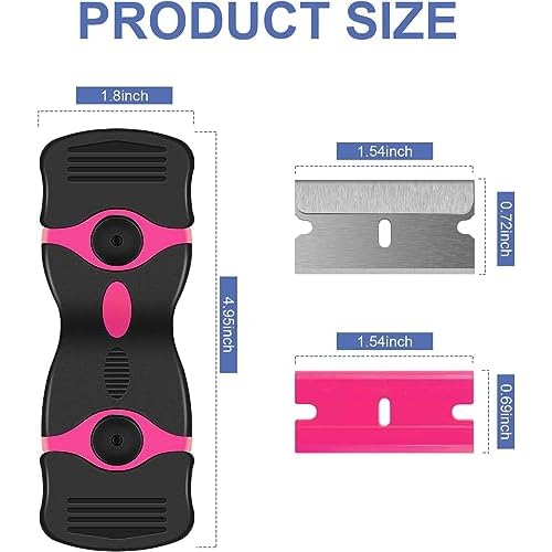 DEKEones Razor Blade Scraper, Double Edged Razorblade Scraping Tool with 10 Pcs Razor Blades, Paint Scraper for Glass, Decals, Tint, Stickers, Labels, Caulk, Adhesive(Pink)