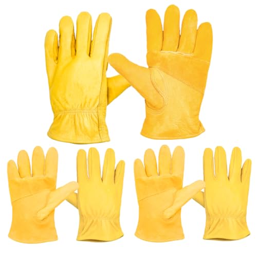 3 Pairs Leather Work Gloves for Men, Durable Gardening Gloves, Cowhide Work Gloves for Driver, DIY, Construction