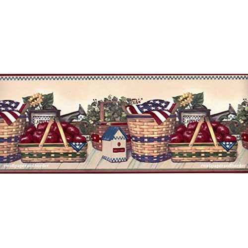 USA Patriotic Stripes American Flags Wallpaper Border for Kitchen Bathroom Living Room, Roll 15' x 7''