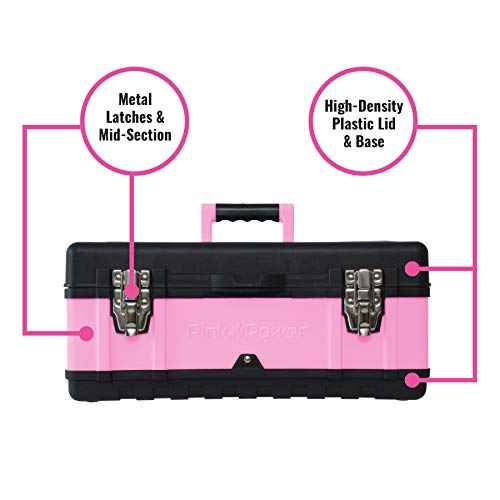Pink Power Pink Tool Box for Women - 18" Small Metal & Plastic Portable Lightweight Locking Empty Toolbox Chest - Craft Tote Storage Case Organizer for Ladies Mini Tool Set Kit