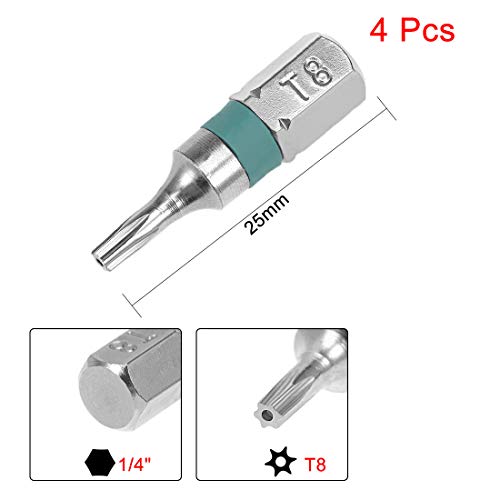 uxcell 4pcs 25mm Long 1/4" Hex Shank T8 Security Torx High Quantity Screwdriver Bits S2 High Alloy Steel