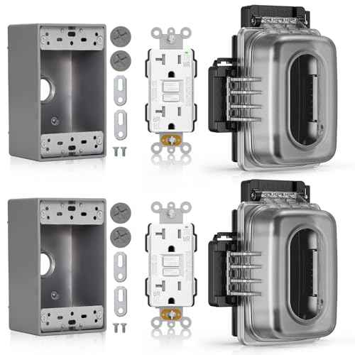 ELEGRP Outdoor GFCI Outlet with in Use Cover and Box Kit, 1 Gang, 20 Amp TRWR Self-Test GFI Receptacle, Extra Duty Metallic Electrical Outlet Box, Lockable in Use Cover, UL Listed, White, 2 Pack