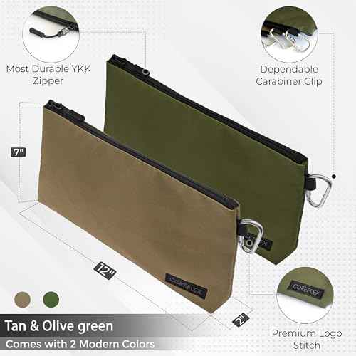 COREFLEX 2 Pack Premium Tool Pouch Zipper Bag with internal pockets, 12inch Tool Bag, Multipurpose Storage pouch, Flat Bottom for stand alone (2 Pack, Tan, Olive)