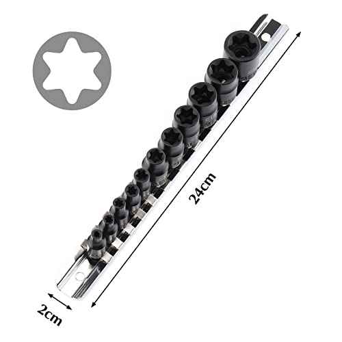 EMENTOL 11PCS E-Torx Socket Set with Rail, CR-V, 1/4" and 3/8" Drive, Female External Torx Star Socket Set, E4 - E20
