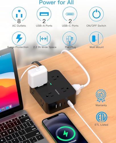 HANYCONY 5Ft Flat Power Strip Surge Protector with 12 Outlets & USB C