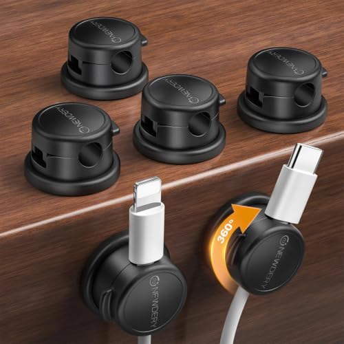 NEWDERY Magnetic Cable Clips 6-Pack Black - Cord Organizer for Nightstand & Desk