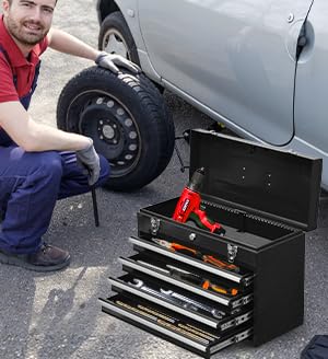 lunhung 4 Drawers Metal Tool Box Portable Steel Tool Chest with Metal Latch Closure & Key Lock, 20" Portable Drawer Toolbox Storage Tray Toolbox with Handle (4 Drawers - Black)