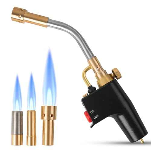 Propane Torch with 3 Tips, Instant on/off Ignition and Flame Lock. Continuous Swirl, Brush Flame for Soldering, Brazing, Woodworking and Cooking