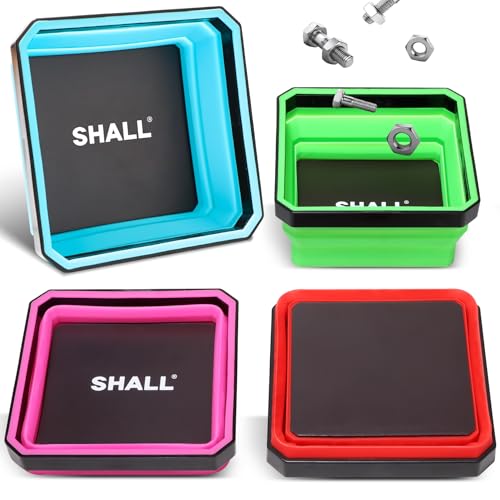 Upgraded SHALL Collapsible Magnetic Parts Tray Set, 4-Pack 4.5" Square Bowls with Double-Sided Magnetic Base
