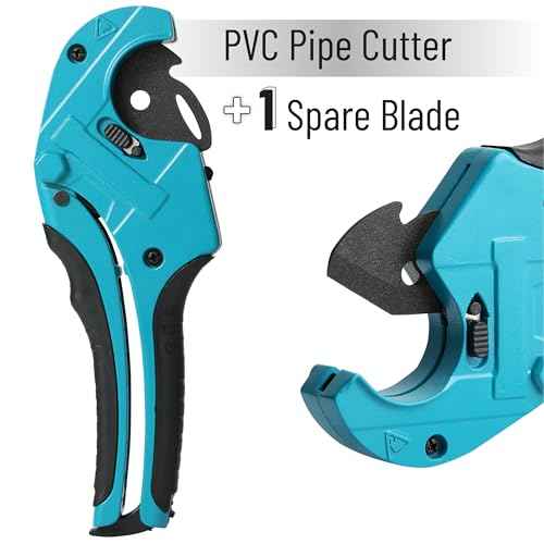 Bates- PVC Pipe Cutter, Cuts up to 1-5/8", Teal Blue Ratcheting PVC Pipe Cutter Tool with 1 Spare Blade, Pipe Cutters PVC Pipe Shears, Plastic Pipe Cutter, PEX Pipe Cutter, PVC Cutter Tool