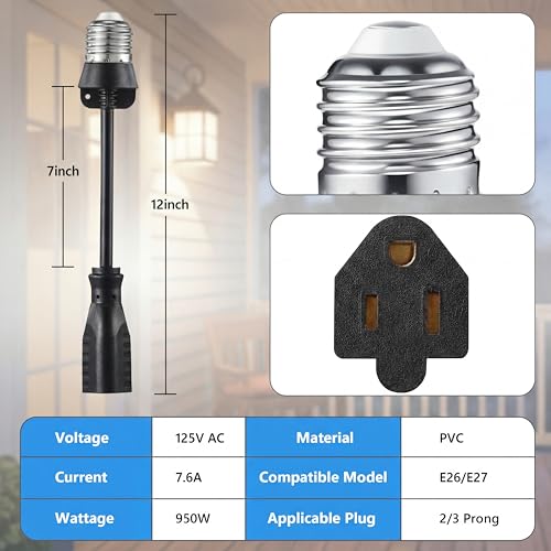 Feekoon Black E26/E27 Light Socket Adapter with 3 Prong Outlet & Extension Cord - 1 Pack