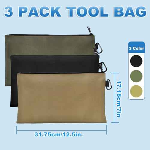 Versatile Tool Bag Organizer ? 3-Pack Zipper Pouches bag with metal carabiner, Ideal Tool Pouch for Mechanics, Electricians, and DIY Enthusiasts?£¨3 Color Pack,Tan, Navy Green, Black£©