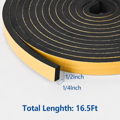 Kikerike Self Adhesive Foam Weatherstrip Tape 1/2in x 1/4in x 16.5ft for Door & Window Sealing