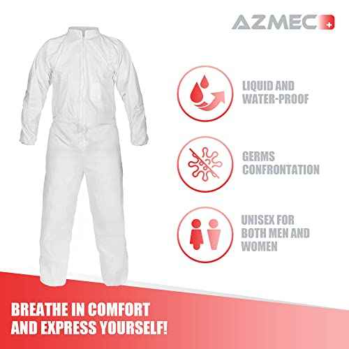 Azmec Coveralls Hazmat Suits Disposable Suit?Elastic Wrists Ankles Zipper Front Entry?High Level of Comfort Breathability?Multiple Purposes?Size (5'2"-6') for Men & Women