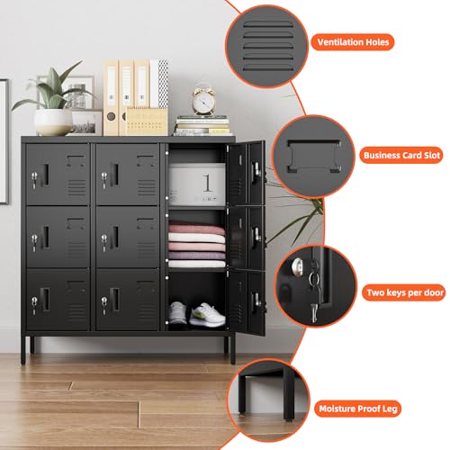 Aobabo 9-Door Metal Locker with Lock and Card Slot, Black – Compact Employee Storage