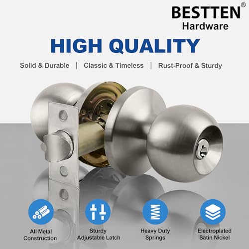 BESTTEN Satin Nickel Keyed Entry Door Knob with Lock - Heavy Duty Interior & Exterior Door Lock, Standard Ball Handle, Easy DIY Installation