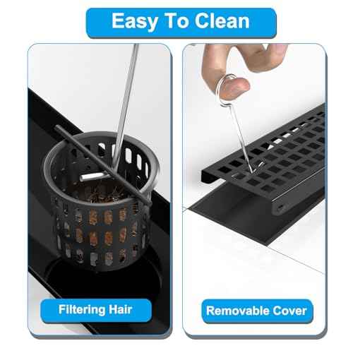 24 Inch Black Linear Shower Drain, Rectangular Shower Floor Drains with Square Hole Cover, 304 Stainless Steel Linear Drain with Leveling Feet, Hair Strainer (Matte Black)