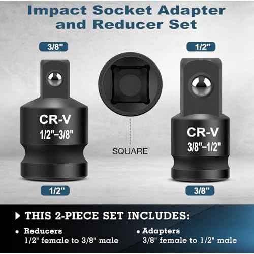 2PCS Impact Socket Adapter and Reducer Set, 1/2" to 3/8" & 3/8" to 1/2" Inch Square Drive Wrench Adapter, CR-MO Steel, for Drill, Breaker Bar, Ratchet Drive, Christmas Stocking Stuffers for Adults