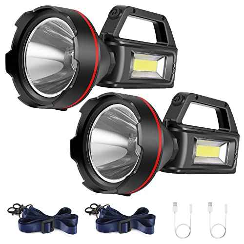 Rechargeable Spotlight Flashlight, High Lumens Handheld Spotlight,LED Searchlight with Shoulder Strap and USB Output for During Hurricane,Emergency, Storms,Hunting, Hiking, Camping(Black Pack of 2)