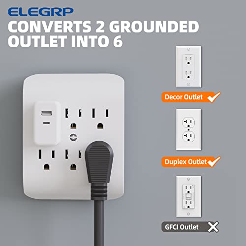 ELEGRP 6-Outlet Wall Extender with Grounded 3-Prong Tab - White, 1 Pack