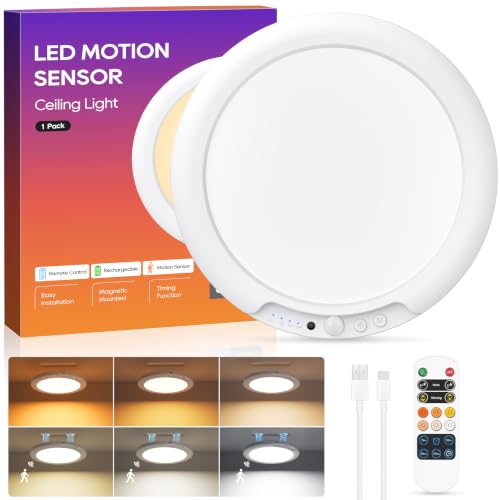 DiDiSky 6-Color Rechargeable Motion Sensor Ceiling Light with Remote, Magnetic Mount, Dimmable LED for Closet Pantry Hallway - 1 Pack
