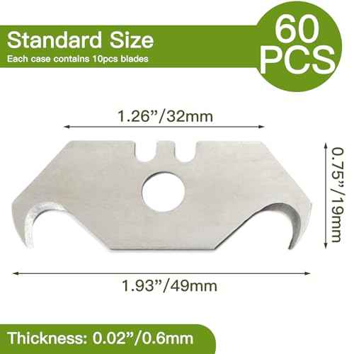 60pcs Utility Hook Blades, Heavy Duty SK5 Steel Hook Blades for Utility Knives, Box Cutter, Carpet, Roofing