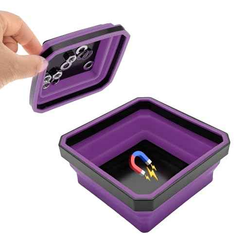 Collapsible Magnetic Parts Tray, 4.5 Inch Foldable Magnetic Square Silicone Tray, Tool Tray Set with Double-Sided Magnetic Base for Screw Bolts Nuts Pins, Car Accessories (Purple)