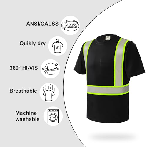 wefeyuv 3PCS-High Visibility Shirts Quick Dry Safety T Shirts with Pocket and 3 Reflective Strips Short Sleeve Mesh Hi Vis Construction Work Class 2 Shirt for Men/Women, Black L