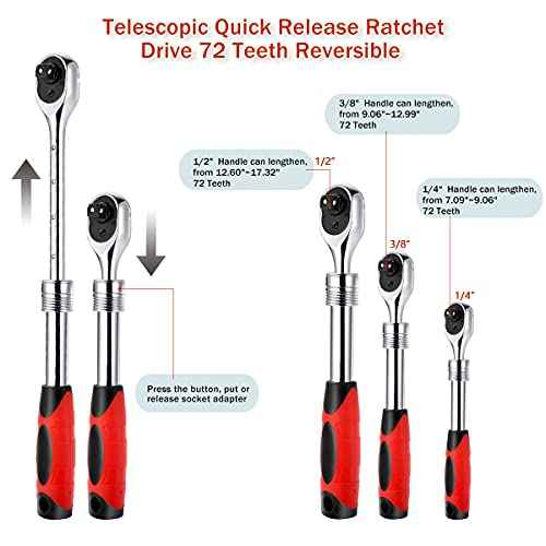 1/4" Square Socket Ratchet Wrench Telescopic Quick Release Ratchet Drive 72 Teeth Reversible Enlength Handle