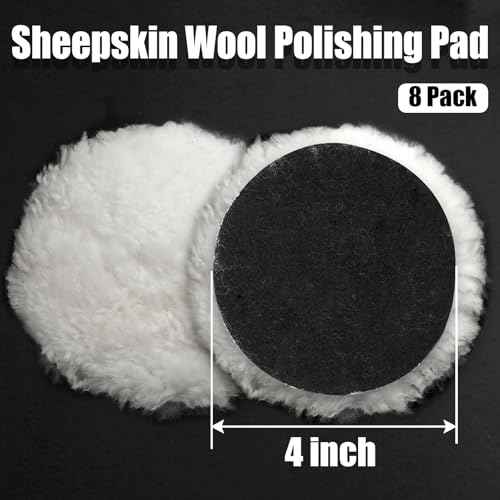 8 Pcs Wool Polishing Pad 4 Inches Soft Sheepskin Buffing Pads with Hook and Loop Back for Compound Cutting & Polishing for Automotive, Marine, Furniture