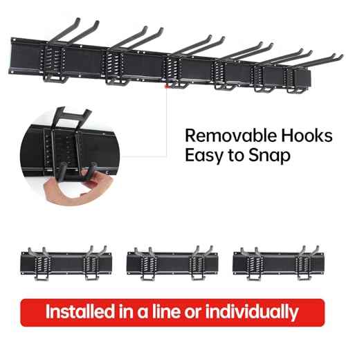 Garage Storage Rack Hooks, 48 Inch Heavy Duty Wall Mount Garage Organization with 3 Rails and 6 Adjustable Double Wall Hooks,Hanging Shelves for Garden Tool/Broom/Mop(Black)