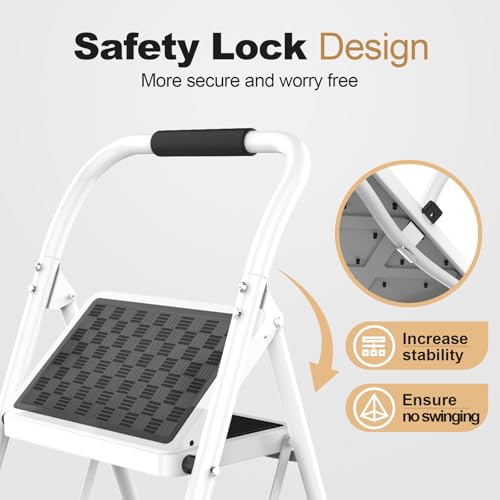 HBTower 2-Step Folding Step Ladder with Wide Anti-Slip Pedal – Support Rod Lock-Free Design