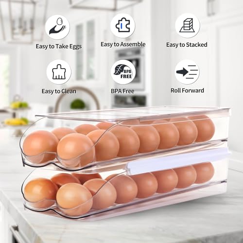 RoskDeewat 28-Egg Automatic Rolling Fridge Egg Holder, 2-Tier with Lid, BPA-Free