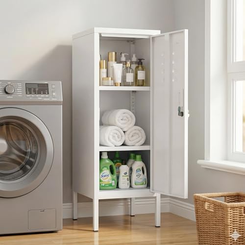 White Lockable Metal Locker Cabinet - 39"H Storage Closet with Adjustable Shelves