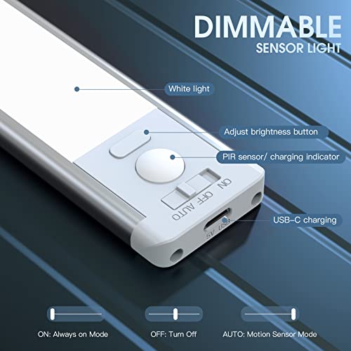 White 10-Inch Rechargeable Motion Sensor Under Cabinet Light 2 Pack - Dimmable LED Closet & Kitchen Lighting