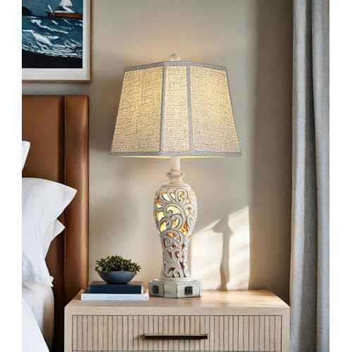 25'' Farmhouse Table Lamp for Living Room Bedroom, 2 USB Ports Vintage Rustic Nightstand Desk Lamp with Nightlight, White Hollow Out Resin Lamp for End Table (Bulb Included)
