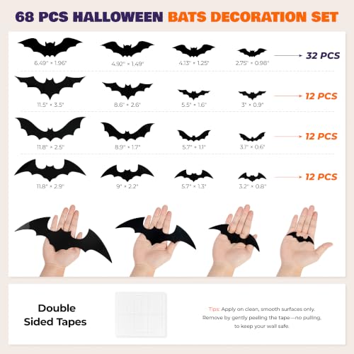 Encavy 68Pcs Halloween Bat Wall Decor Bats Stickers - Indoor Outdoor Spooky Decorations - DIY Party Supplies with 3D Effects