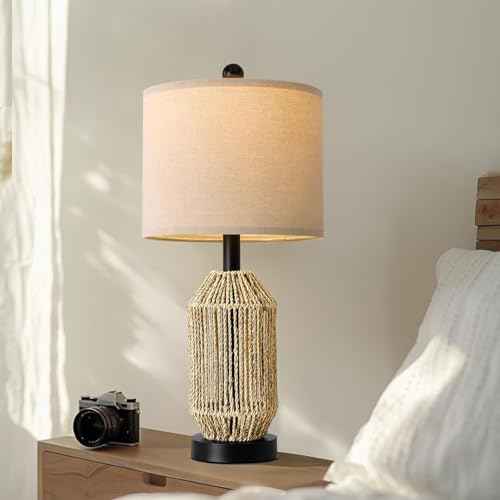 OYEARS 21" Boho Table Lamps Set of 2 for Living Room, Bedside Lamps for Nightstand, Rattan Lamp for Bedroom, Farmhouse Table Lamps for Boho Decor, End Table, Retro, Black