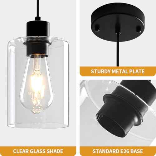 Glass Pendant Lights Kitchen Island 2 Pack, Black Kitchen Pendant Lighting Over Island, Hanging Light Fixtures Modern Pendant Lights for Hallway Entryway Bedroom Dining Room