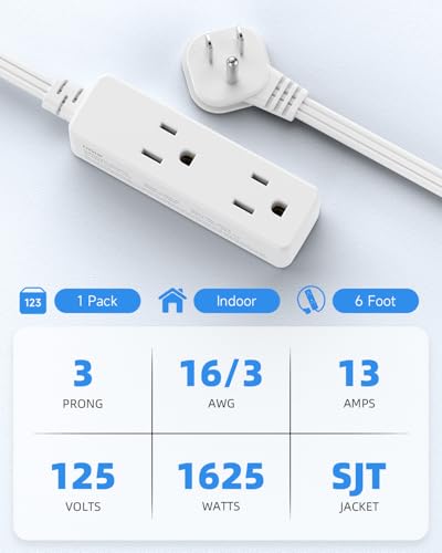 LitStar White 6 Ft Flat Plug Extension Cord with 3 Outlets - Indoor Power Strip