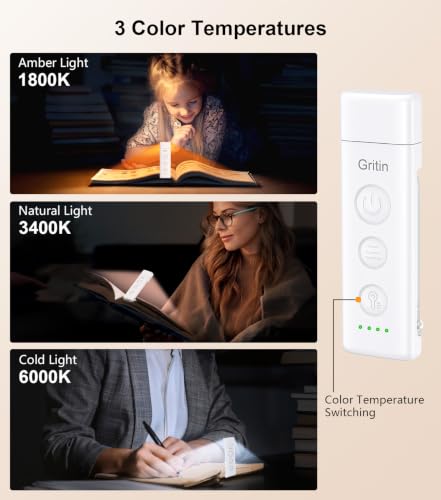 Gritin Rechargeable Clip-On LED Book Light - White, Eye-Caring Reading Lamp