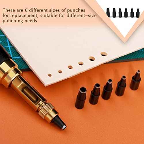 Adjustable Screw Hole Punch Automatic Hole Punch Tool with Black Wooden Handle Bookbinding Tool Leather Hole Punch with 6 Tips Size 1.5mm/2mm/2.5mm/3mm/3.5mm/4mm
