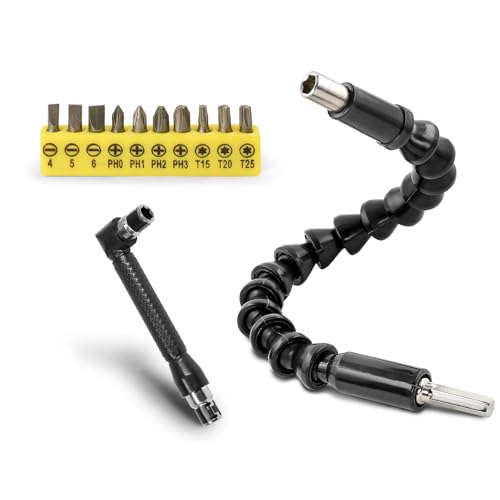 90 Degree Drill Attachment - Right Angle Screwdriver Extension,11.6-Inch Flexible Soft Shaft with 10 Interchangeable Bits,Power Drill Accessory Kit(12-Piece)